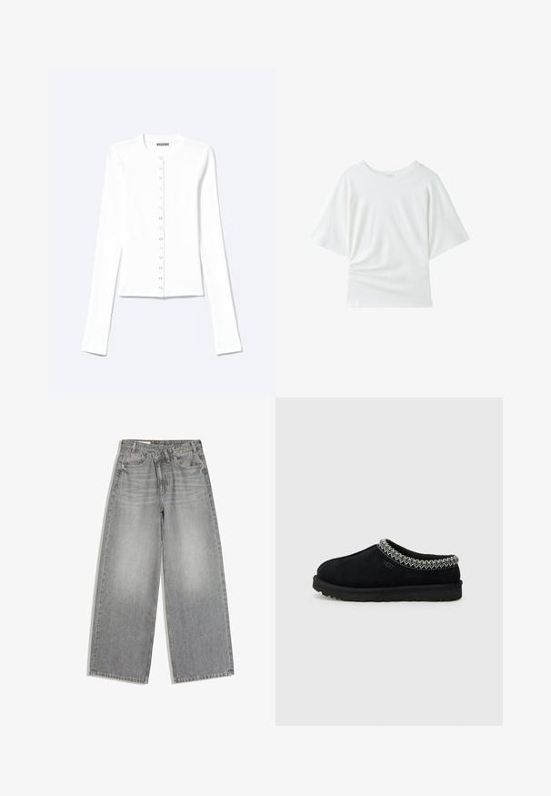 Cardigan blanc à manches longues, boutonné, avec un col rond et des boutons-pression métalliques sur le devant.; T-shirt blanc uni à manches courtes avec col rond, coupe décontractée et légère froissure du tissu près du bas côté gauche.; Jean en denim gris à jambes larges avec fermeture par bouton et zip, poches avant et passants de ceinture, posé à plat sur fond blanc.; Des sabots noirs en suede à enfiler présentent un accent tissé texturé le long du col et une semelle en caoutchouc noire avec un profil anti-dérapant.