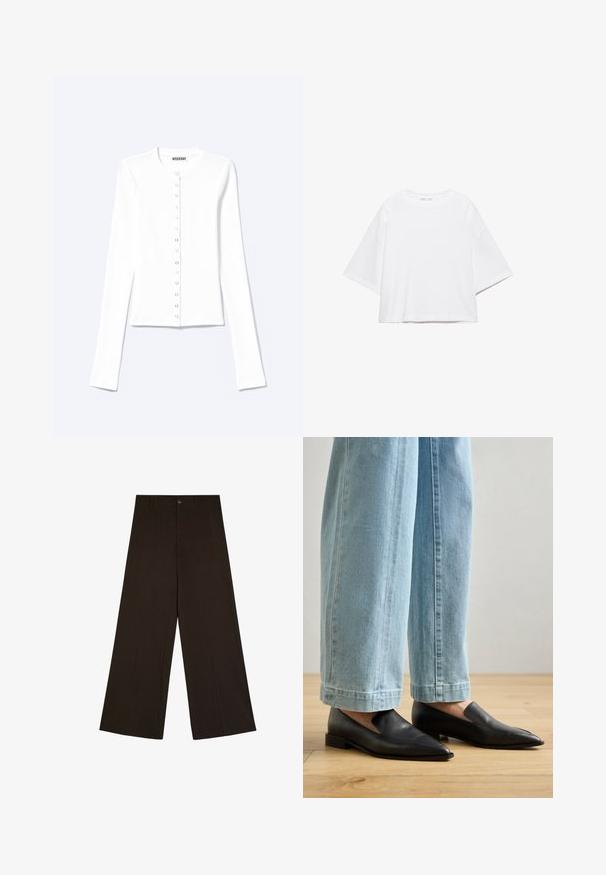 Cardigan blanc à manches longues, boutonné, avec un col rond et des boutons-pression métalliques sur le devant.; T-shirt blanc à manches courtes, coupe carrée, en coton doux. Présente un col rond et des manches larges, avec un design épuré et simple.; Pantalon marron foncé à jambes larges avec fines rayures verticales, fermeture par boutons et passants de ceinture, posé à plat sur fond blanc.; Chaussures en cuir noir à bout pointu et à enfilage, associées à un jean large bleu clair, sur un sol en bois.