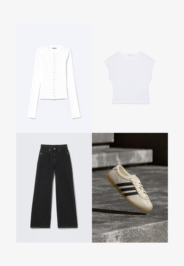 Hvid langærmet cardigan med knapper, rund halsudskæring og metaltrykknapper foran.; Hvid kortærmet cropped T-shirt med rund halsudskæring, lavet af glat stof, lagt fladt på en hvid baggrund.; Sorte højttaljede bredbenede jeans med knap- og lynlåslukning foran, bæltestropper og fem forlommer på en lys baggrund.; Hvid sneaker med sorte striber og gummisål svæver over betontrapper i blødt dagslys.