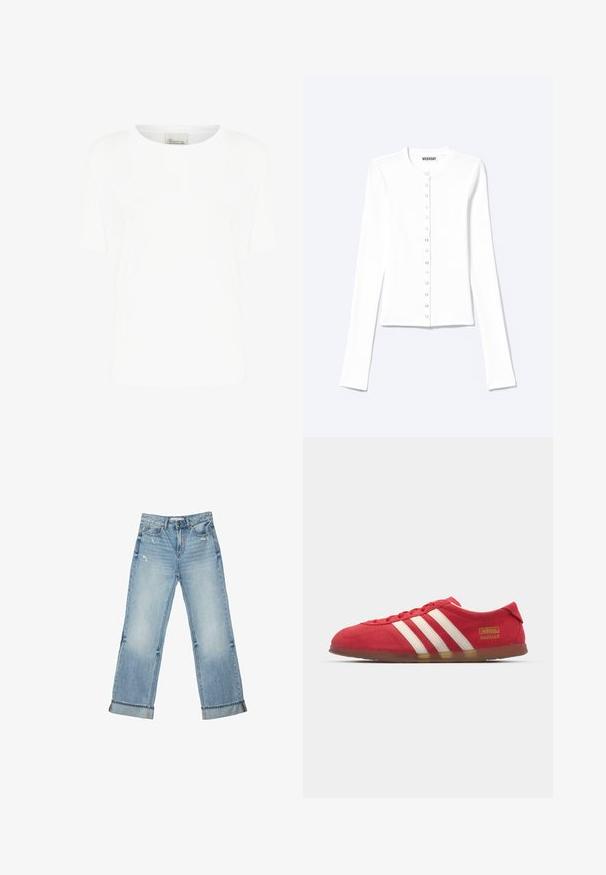 Cardigan blanc à manches longues, boutonné, avec un col rond et des boutons-pression métalliques sur le devant.; T-shirt blanc à manches courtes en coton doux, avec un col rond et une coupe décontractée, sans motifs ni accents visibles.; Jean en denim bleu clair à jambes larges avec revers de bas de pantalon et légère usure sur les poches avant et les cuisses.; Baskets en daim rouge avec un design à trois rayures blanches, semelle plate et détail logo doré. Design bas avec bout arrondi et fermeture à lacets.