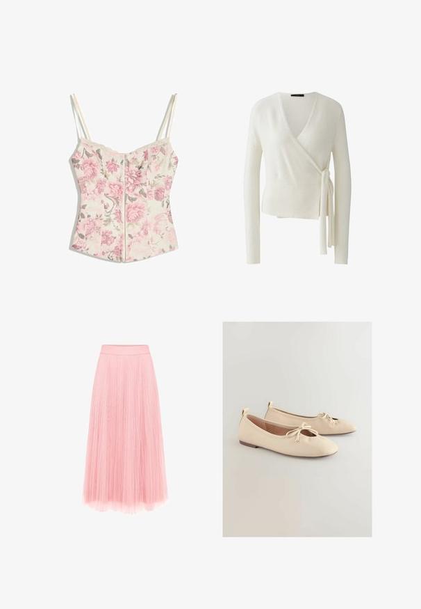 Pull blanc à manches longues, style cache-cœur avec col en V et détail de nœud sur le côté, ourlet et poignets côtelés, tissu doux texturé.; Haut style corset floral avec des fleurs roses et des feuilles vertes sur fond crème, fines bretelles crème et bordure en dentelle le long du décolleté.; zero MIT PLIESSENDEM BECHER - Jupe plissée - bridal rose; Ballerines beiges présentant un bout arrondi, un petit nœud décoratif et une semelle basse et plate. Texture lisse avec un design minimaliste.