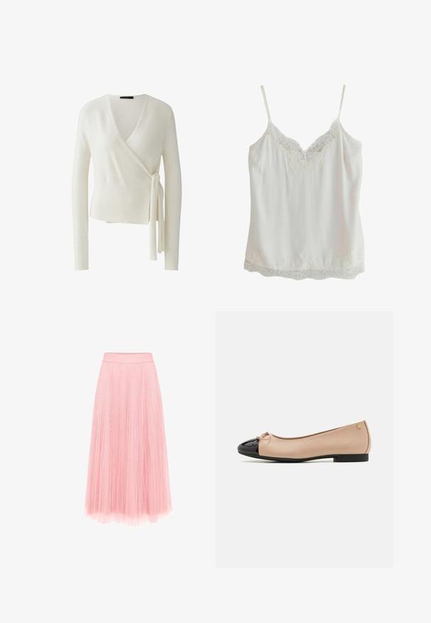 Pull blanc à manches longues, style cache-cœur avec col en V et détail de nœud sur le côté, ourlet et poignets côtelés, tissu doux texturé.; Camisole blanche sans manches avec fines bretelles et bordure en dentelle au niveau de l'encolure et de l'ourlet, fabriquée en tissu lisse.; zero MIT PLIESSENDEM BECHER - Jupe plissée - bridal rose; Ballerines avec un dessus en satin beige, un embout en cuir verni noir, un petit nœud à l'avant et un petit talon noir.