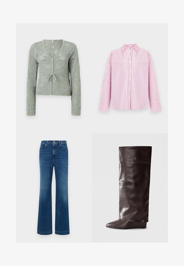 Cárdigan de punto gris claro con mangas largas, escote en V, botones delanteros y cuerda atada en la cintura, con un delicado patrón calado.; Camisa de manga larga de color rosa claro con rayas verticales en rosa oscuro, parte delantera con botones, cuello puntiagudo y puños anchos.; Jeans de mezclilla azul de pierna ancha con una cintura alta, cinco bolsillos y un cierre de botón clásico. La tela tiene una textura suave y ligeramente deslavada.; Bota de cuero marrón hasta la rodilla con una textura suave, punta afilada, tacón bajo en cuña y un acabado ligeramente arrugado.
