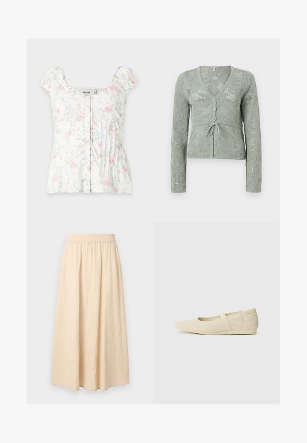 Cardigan tricoté gris clair à manches longues, col en V, boutons sur le devant et cordon de taille noué, arborant un délicat motif ajouré.; Blouse blanche à manches courtes avec motif floral rose et bleu, fermeture boutonnée devant, encolure carrée et détails plissés sur fond blanc.; Longue jupe beige avec taille élastique, tissu à texture douce et silhouette ample et fluide.; Ballerines beiges avec une exterior en cuir lisse, un bout en forme d'amande et une sangle élastique sur le coup de pied, avec des détails de couture subtils.