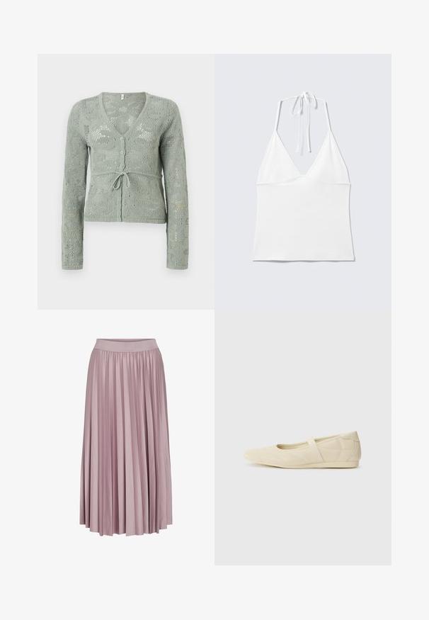 Cardigan tricoté gris clair à manches longues, col en V, boutons sur le devant et cordon de taille noué, arborant un délicat motif ajouré.; Haut blanc sans manches à col halter avec des bonnets triangulaires et de fines bretelles nouées autour du cou sur un fond clair uni.; Jupe longue plissée en tissu rose pâle, dotée d'une taille élastique. Sa texture lisse et son design fluide mettent en valeur sa forme générale.; Ballerines beiges avec une exterior en cuir lisse, un bout en forme d'amande et une sangle élastique sur le coup de pied, avec des détails de couture subtils.