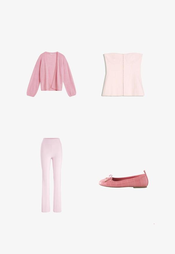 Roze cardigan van zacht materiaal, met een overslagontwerp, lange mouwen en een losse pasvorm. Geen sluitingen, gladde textuur.; Lichtroze strapless korsettetop met gestructureerde cups en verticale naden, plat neergelegd op een witte achtergrond.; Lichtroze yogabroek met een hoge taille, een smalle pasvorm over de dijen en licht uitlopende pijpen, afgebeeld op een witte achtergrond.; Roze vlakke schoen met een krokodillenstructuur, afgeronde neus, strikdetail aan de voorkant en een klein hakje. Gladde binnenvoering.