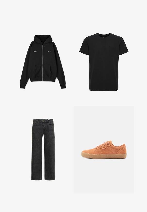 Sort zip-up hættetrøje lavet af blødt stof, der har en hætte, forlommer og broderede logoer på brystet og øverste venstre side.; Sort t-shirt med korte ærmer lavet af tekstureret stof. Har en rund halsudskæring og en lille brystlomme på venstre side.; Sorte denim jeans med afslappet pasform, lige ben, fem-lomme design og en subtil falmet tekstur. Har knap- og lynlåslukning.; Tan ruskinds sneakers med en tekstureret overflade, rund tå og gummisål. Har snørebåndsdesign og syede detaljer på siderne.