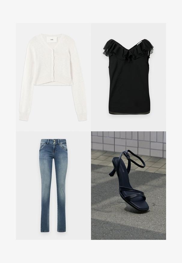 Crop witte cardigan met een v-hals, knoopsluiting en geribde manchetten. Gemaakt van een zachte gebreide stof met een subtiele textuur.; Zwarte mouwloze blouse voor dames met een off-shoulder volant halslijn en een transparante stofafwerking aan de randen, tegen een witte achtergrond.; Lichtblauwe denim jeans met een rechte pijpdesign, twee voorzakken, een vervaagde afwerking en een klein versleten detail op de rechterdij.; Zwarte sandaal met hoge hak en bandjes, met enkelgesp, zwevend boven een gestructureerd grijs trottoir met een betegelde muur op de achtergrond.
