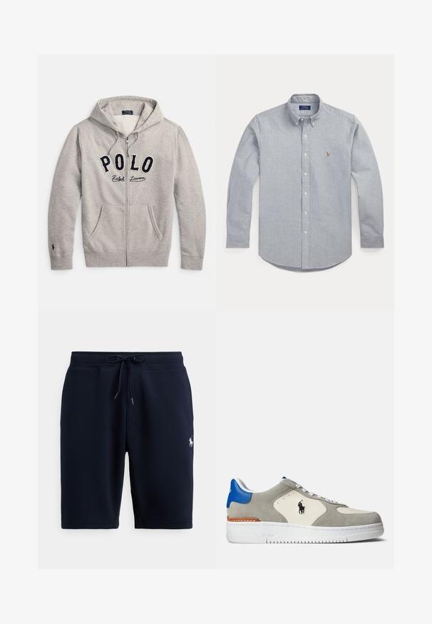 Hellgrauer Sweatshirt mit Kapuze und Reißverschluss, Vorderentaschen und "POLO Ralph Lauren"-Logo in Navy und Creme auf der Brust.; Hellblaues Hemd aus weichem Stoff mit Knöpfen; verfügt über einen spitzen Kragen, lange Ärmel und ein kleines, gesticktes Logo auf der Brust.; Marineblaue Baumwoll-Sportshorts mit elastischem Bund, Kordelzug und Logo-Akzent auf der linken Seite. Glatte Textur, knielang.; Graue Wildleder- und weiße Leder-Sneaker mit blauen Akzenten, ausgestattet mit einem Logo, weißen Schnürsenkeln und einer strukturierten Gummisohle.