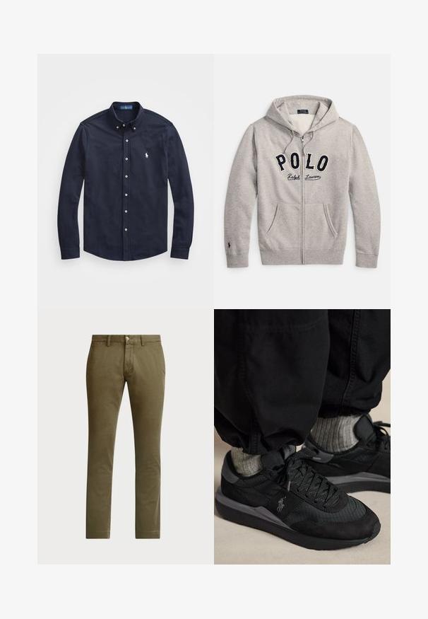 Hellgrauer Sweatshirt mit Kapuze und Reißverschluss, Vorderentaschen und "POLO Ralph Lauren"-Logo in Navy und Creme auf der Brust.; Marineblaues Langarmhemd mit Knopfleiste und Kragen, mit vorderer Knopfleiste und kleinem weißen Logo auf der linken Brust, aus weichem Baumwollstoff gefertigt.; Polo Ralph Lauren BEDFORD STRETCH SLIM FIT CHINO PANT - Chino - canopy olive; Schwarze Sneakers mit Schnürsenkeln und grauem Logo, getragen mit grauen Socken und schwarzen Hosen auf einem beigen Boden.