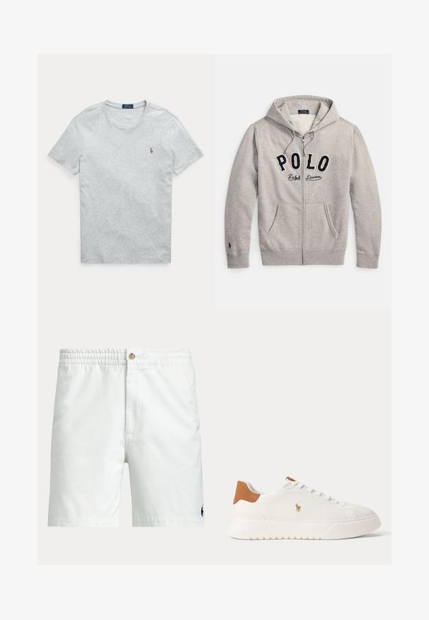 Vaaleanharmaa vetoketjullinen huppari, jossa on etutaskut ja "POLO Ralph Lauren" -logo rinnassa, väreissä laivastonsininen ja kerma.; Vaaleanharmaa lyhythihainen pyöreäkauluksinen t-paita, jossa pieni kirjailtu Polo Ralph Lauren -logo vasemmassa rinnassa.; Valkoiset miesten shortsit, joissa on joustava vyötärö, nappikiinnitys, sivutaskut ja pieni tumma logo lahkeen alareunan lähellä.; Valkoinen matalakärkinen tennari, jossa vaaleanruskea kantalenkki, valkoiset nauhat ja pieni kirjailtu polopelaajan logo sivussa paksun pohjan yläpuolella.