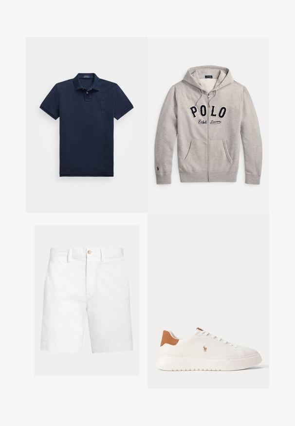 Helehall zip-up kapuutsiga dressipluus ees taskutega ja "POLO Ralph Lauren" logo rinnal, tumesinisel ja kreemival.; Tumesinine lühikeste varrukate polo särk, mis on valmistatud puuvillast. Särgil on kolme nupuga esipaneel, krae ja vasakul rinnal brodeeritud logo.; Valged põlvpikad lühikesed püksid vööaasadega ja pruuni nööpklambriga vöökohal, esitatud ühevärvilisel taustal.; Valged madala säärega tossud, pruun kannaosa, valged paelad ja väike tikandiga polo mängija logo külje peal paksu taldmiku kohal.