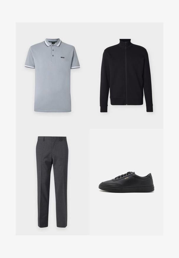 Veste noire zippée intégrale avec col haut, poignets et ourlet côtelés, et logo "BOSS" subtil sur la poitrine gauche.; Polo gris clair avec trois boutons, bordure bicolore sur le col et les manches, et un petit logo noir "BOSS" sur la poitrine.; Pantalons tailleur gris avec une finition texturée, devant plat et design à jambe droite. Comprend des poches latérales et des passants de ceinture.; Baskets en cuir noir avec une texture lisse, bout rond, semelle en caoutchouc plate et lacets ton sur ton. Présente une marque "BOSS" dorée sur le côté.