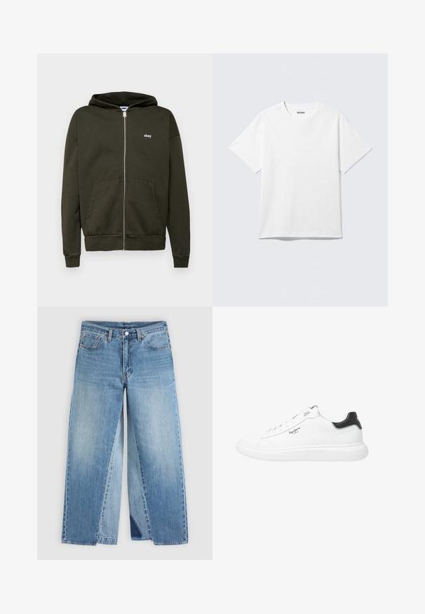 Mørk olivengrøn zip-up hoodie lavet af bomuldsblanding, med to frontlommer, ribbede manchetter og et lille hvidt logo på brystet.; Hvid kortærmet crewneck T-shirt lagt fladt ud, ensfarvet design, med "WEEKDAY" mærkat inde i kraven på en lys baggrund.; Straight-leg blå denimjeans med klassisk fem-lomme design og forreste knaplukning, vist fladt på en neutral baggrund.; Hvide lavtopped sneakers lavet af læder med en glat finish, der har sorte hælindlæg, runde snørebånd og diskret sidesøm.