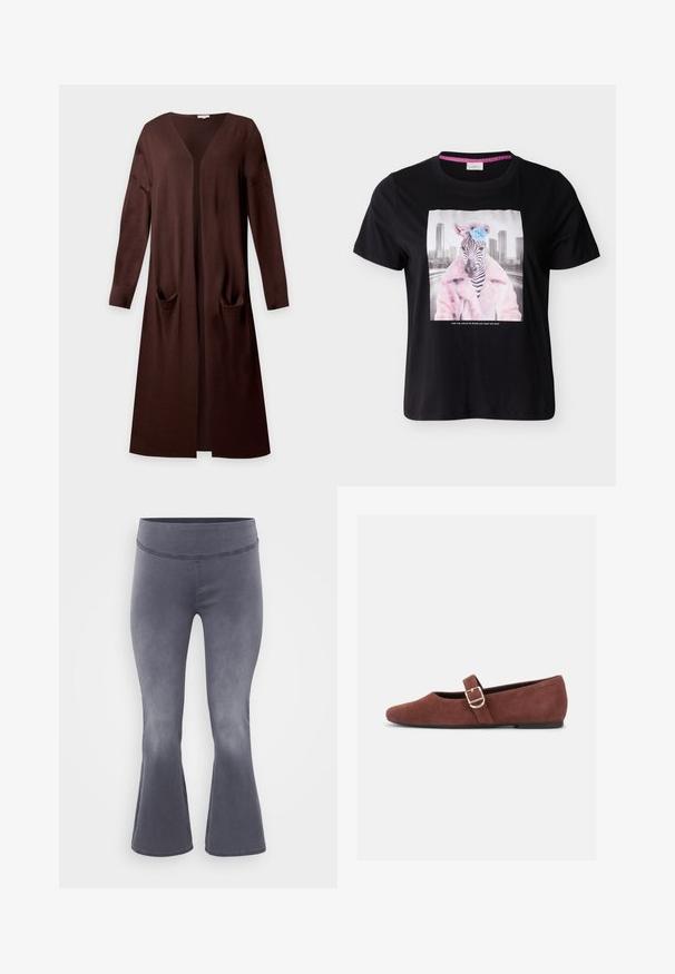 Langer brauner Cardigan mit offenem Vorderteil, langen Ärmeln und zwei vorderen Taschen aus weichem Strickstoff.; Schwarzes T-Shirt mit einem Zebra, das einen rosa, mit Nieten besetzten Mantel trägt und eine blaue Blume auf dem Kopf hat, im Hintergrund die Skyline einer Stadt.; Grau ausgestellte Hosen mit einem breiten Bund. Glattes Material mit leichtem Glanz, das von oben dunkel zu unten heller verläuft.; Brauner Wildleder-Mary-Jane-Flachschuh mit goldener Schnallenriemen und schwarzer Sohle vor weißem Hintergrund.