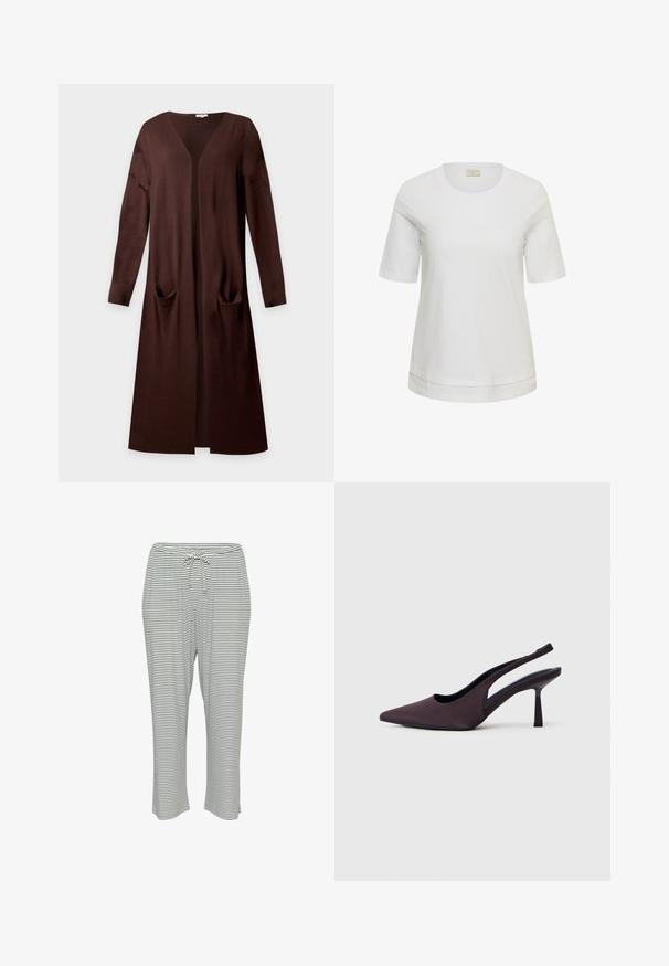 Long cardigan marron ouvert sur le devant avec manches longues et deux poches avant, en tissu tricoté doux.; T-shirt blanc manches courtes avec col rond et étiquette "Kaffe" cousue à l'intérieur du col sur un fond blanc visible.; Pantalons de pyjama rayés avec une taille élastique et un cordon de serrage, fabriqués en tissu doux. Motif de couleur : rayures horizontales blanches et noires.; Chaussure à talon slingback en tissu violet foncé. Design à bout pointu, côtés ouverts, et talon mince de forme carrée. Texture lisse.