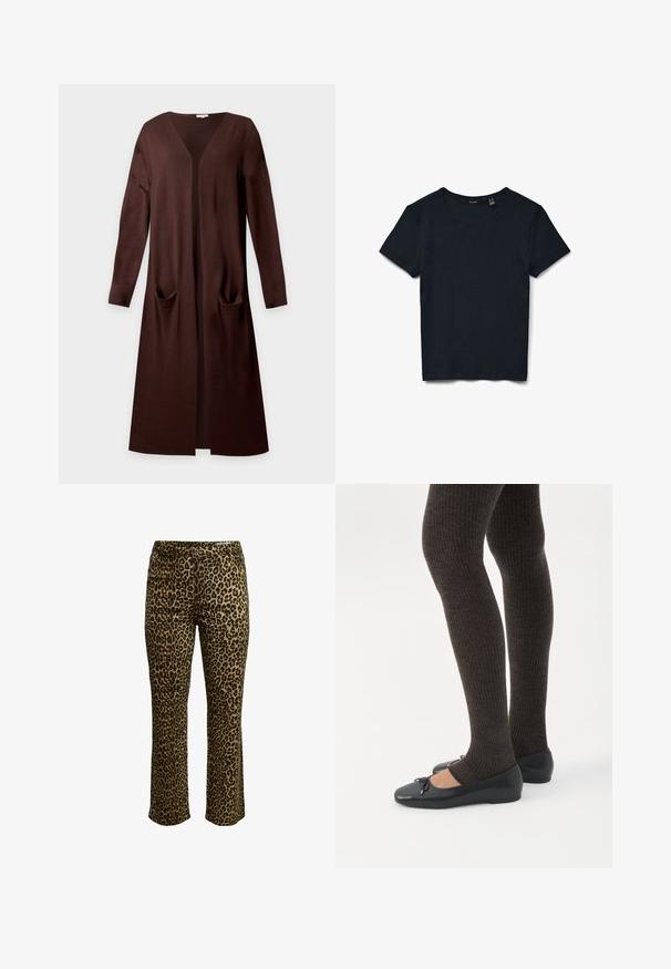 Lange bruine open-front cardigan met lange mouwen en twee voorzakken, gemaakt van zachte gebreide stof.; Zwarte geribde gebreide T-shirt met korte mouwen en ronde hals, plat neergelegd op een witte achtergrond.; Een broek met luipaardprint, met een slim fit, knoopsluiting en gestikte tailleband met een lichte stretch voor comfort.; Benen met donkere geribbelde leggings gecombineerd met zwarte ballerina's met kleine strikdetails op een witte achtergrond.