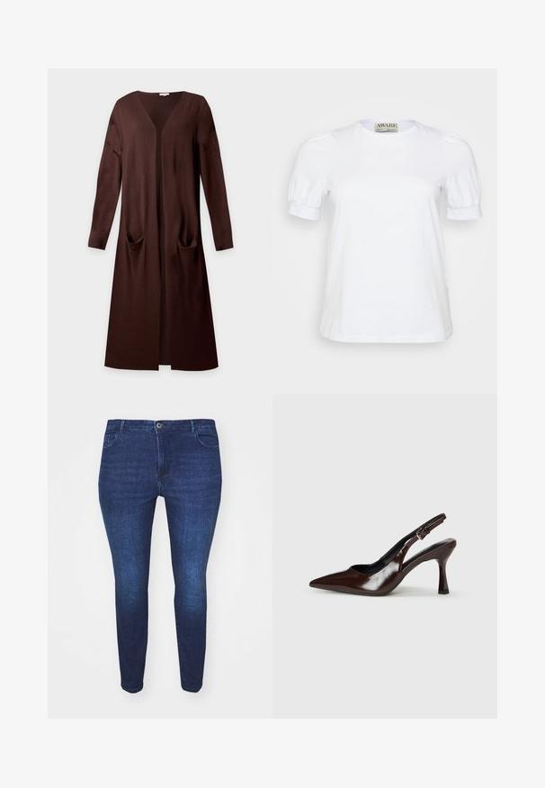 Lang brun åben-front cardigan med lange ærmer og to forlommer, lavet af blødt strikstof.; Hvid kortærmet t-shirt lavet af bomuld, med rund halsudskæring og pufærmer med elastiske manchetter. Simpelt og klassisk design.; Mørkeblå slim-fit denim jeans med frontknap og lommer, vist fra forsiden mod en hvid baggrund.; Brune patenterede læderslingback-sandaletter med spids tå, en tynd hæl og justerbar rem med en lille spænde.