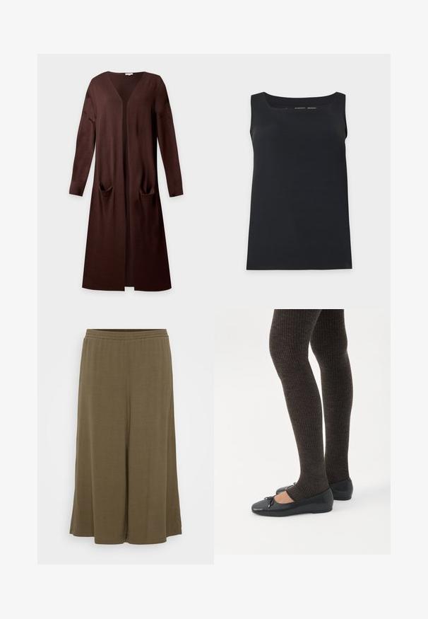 Lang brun åben-front cardigan med lange ærmer og to forlommer, lavet af blødt strikstof.; Sort ærmeløs tanktop med firkantet halsudskæring, vist på en enkel lys baggrund.; Olivenfarvede bukser med bred ben, lavet af letvægtsmateriale. Har en elastisk talje og en afslappet pasform, med en glat, flydende tekstur.; Ben iført mørke ribbede leggings kombineret med sorte balletsko med små sløjfedetaljer på hvid baggrund.