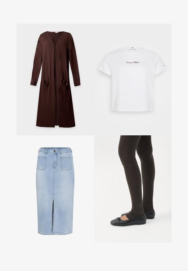 Long cardigan marron ouvert sur le devant avec manches longues et deux poches avant, en tissu tricoté doux.; Tommy Hilfiger Curve CLASSIC SCRIPT TEE - T-shirt imprimé - ecru; Jupe midi en denim bleu clair avec une fente avant, cinq poches, une taille cintrée avec passants de ceinture et une fermeture à bouton.; Jambes portant des leggings côtelés foncés associés à des ballerines noires avec de petits détails en nœud sur fond blanc.