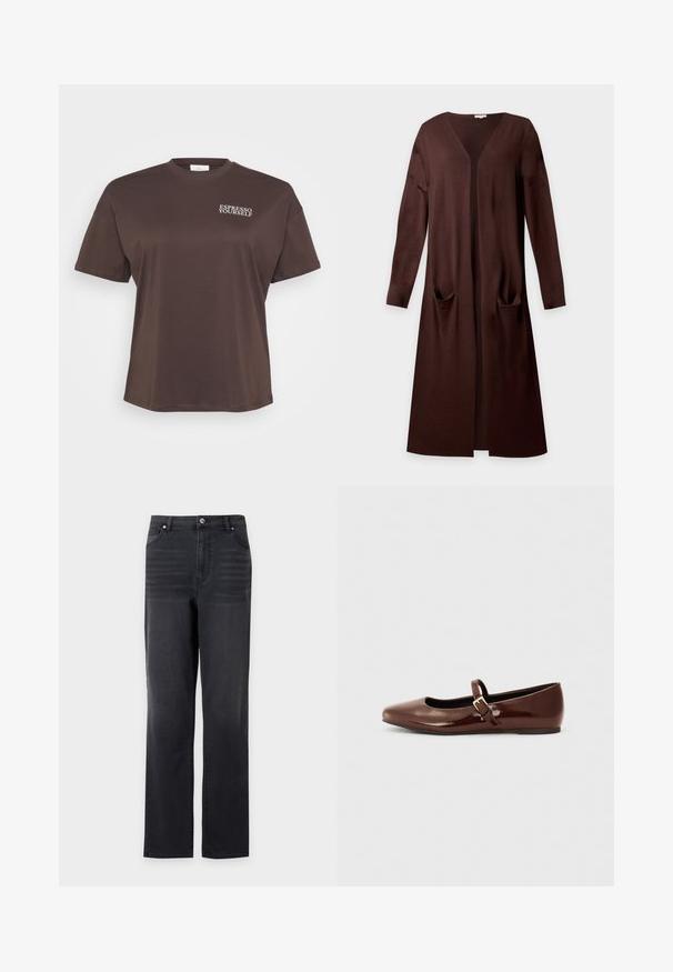 Lang brun åben-front cardigan med lange ærmer og to forlommer, lavet af blødt strikstof.; Brun t-shirt med korte ærmer og teksten "ESPRESSO YOURSELF" i hvidt på øverste venstre side. Simpelt, afslappet design.; Sorte jeans med lige ben, frontlommer og bæltestropper, vist mod en hvid baggrund.; Brun patentlæder balletflade med firkantet tå og strop med en lille guldbuckle. Glat tekstur, lav hæl og minimalistisk design.