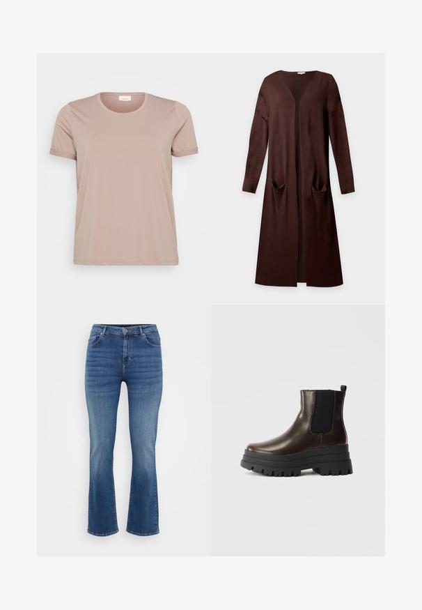 Lange bruine open-front cardigan met lange mouwen en twee voorzakken, gemaakt van zachte gebreide stof.; Lichtroze T-shirt met korte mouwen, een ronde halslijn en opgerolde mouwen, gemaakt van een gladde, zachte stof. Geen zichtbare patronen of accenten.; ONLY Carmakoma Straight fit CARWILLY Mid waist - Straight leg jeans - dark blue denim; Leren enkellaars in bruin met elastische zijpanelen, stevige zwarte plateauzool en trekhaak. Beschikt over een gladde afwerking en een robuuste profiel.