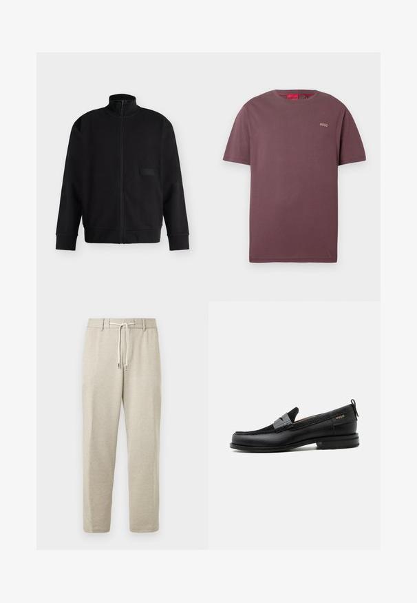 Sort lynlåstrøje med høj krave, lange ærmer, ribstrikkede manchetter og kant samt et lille rektangulært mærke på brystet.; Burgundy T-shirt med korte ærmer, lille "HUGO"-logo på venstre bryst og rød indvendig nakkeetiket.; Lysebeige atletikbukser med elastisk taljebånd, snøre og manchetter ved anklerne, lavet af blødt, tekstureret stof.; Sort læderloafer med grå remdetalje, lav hæl og tekstureret sål, mærket med "HUGO" i guld på siden.