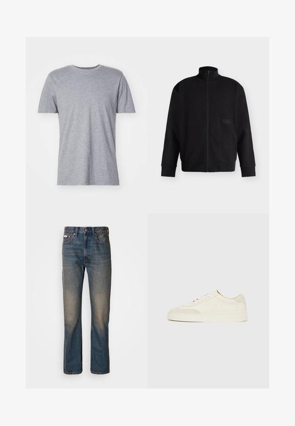 Sort lynlåstrøje med høj krave, lange ærmer, ribstrikkede manchetter og kant samt et lille rektangulært mærke på brystet.; Grå, kortærmet t-shirt lavet af en bomuldsblanding, der har en klassisk crew neckline og en glat, blød tekstur.; Højtaljede blå jeans lavet af denim, med et lige ben-design, falmede slidte lapper og traditionel fem-lomme stil.; Hvide ruskinds-sneakers med en glat finish, rund tå, fladt snøresystem og kontrasterende teksturerede detaljer. Indeholder et diskret logo.