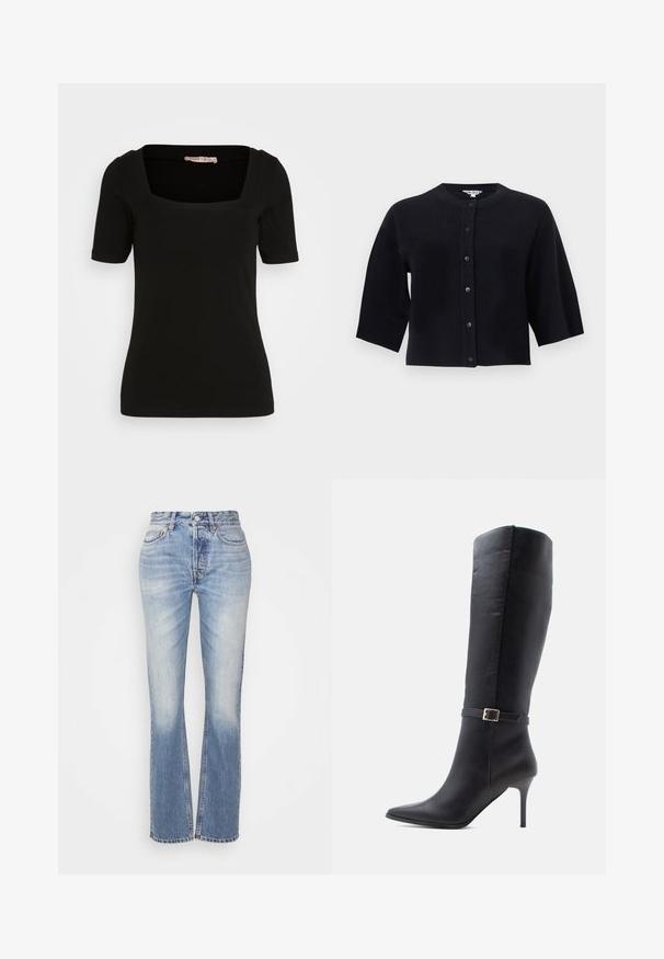 Sort cropped cardigan med rund halsudskæring og seks knapper foran, med bredde ærmer i albuelængde.; Sort kortærmet top med firkantet halsudskæring. Lavet af blødt, strækbart stof. Har pæne syninger og en tætsiddende silhuet.; Won Hundred Jeans Straight Leg - delight blue; Sort læder knæhøj støvle med spids tå, stiletto hæl, og en dekorativ rem med en gylden spænde ved anklen.