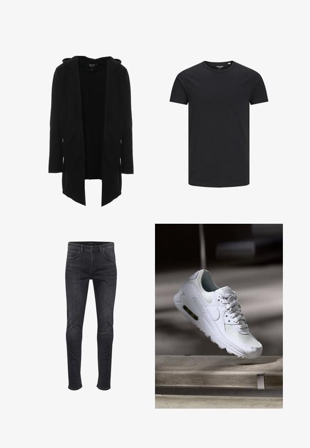 Schwarzer, langärmeliger Kapuzenmantel aus weichem Stoff. Verfügt über eine lockere Passform, vorne Reißverschlusstaschen und ein offenes Frontdesign für einfaches An- und Ausziehen.; Schwarzes Baumwoll-T-Shirt mit Rundhalsausschnitt, kurzen Ärmeln und schlichtem Design. Glatte Textur, keine Muster oder sichtbare Beschläge.; Hoch sitzende Skinny-Jeans aus dunkelgrauem Denim, mit seitlichen und hinteren Taschen, einem vorderen Knopfverschluss und dezenten Ausbleichdetails.; Weiße Nike Air Max 90 Sneaker mit einem Obermaterial aus Mesh und Leder, durchlässigem Zehenbereich und einer sichtbaren Air-Einheit in der Ferse.