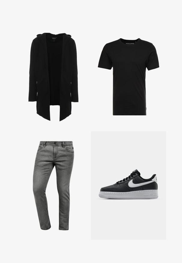 Sort hættejakke i lang model lavet af blødt stof. Har en afslappet pasform, lynlåslommer foran og et åbent frontdesign for nem påklædning.; Sort t-shirt med korte ærmer lavet af bomuld, med rund hals og en diskret logoetiket på siden. Simpelt og alsidigt design.; Grå denim jeans med slim fit, der har fem lommer, en knaplukning og diskrete syninger. Blød tekstur og enkelt design.; Sort lædersneaker med tekstureret overflade, hvid Nike swoosh, grå sål, rund tå og snørebåndsdesign. Har perforeringer på tåboksen.