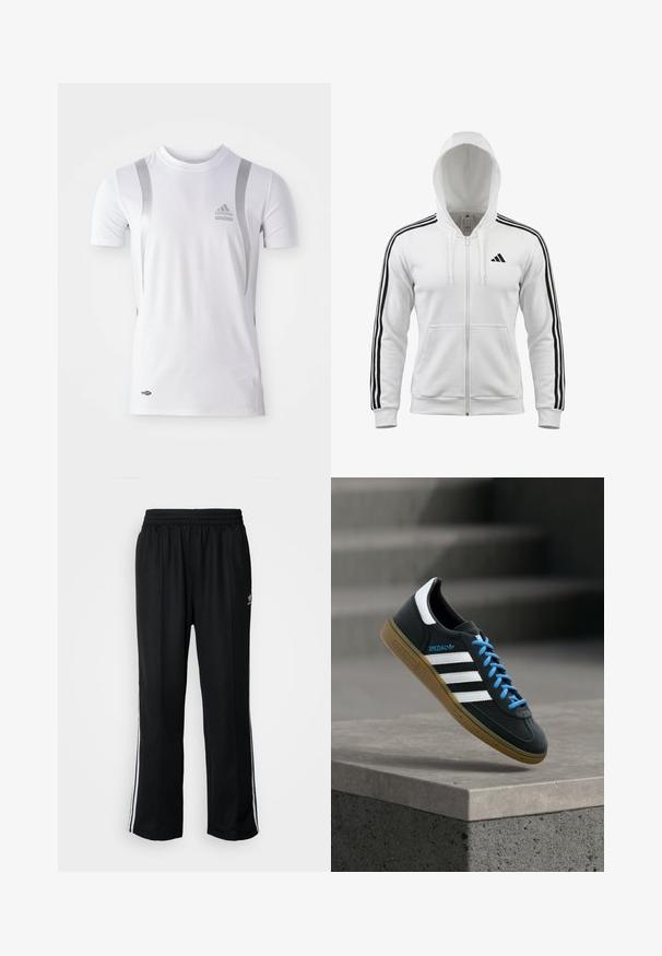Sudadera blanca con cremallera con triple raya negra en las mangas, bolsillos delanteros, capucha con cordón y pequeño logo negro de Adidas en el pecho.; Camiseta atlética blanca de manga corta con detalles plateados, presenta un cuello redondo y un logo de Adidas en el pecho. Fabricada con tela que absorbe la humedad.; Pantalones deportivos negros con cintura elástica, que presentan rayas laterales blancas y un pequeño logotipo. El material parece suave y ligero.; Zapatilla negra Adidas con franjas blancas, cordones azules y suela de goma flotando sobre un escalón de hormigón gris con luz suave.