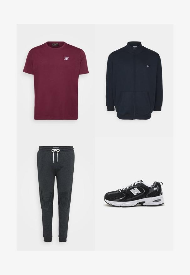 Mørkeblå zip-up sweatshirt med høj krave, frontlommer, ribbede manchetter og et lille logo på brystet. Blød stofstruktur.; Bordeaux bomulds T-shirt med rund hals, korte ærmer og et lille hvidt logo på venstre bryst. Glat tekstur og klassisk pasform.; Mørkegrå joggerbukser med hvid snøre, ribbet knædetalje, elastisk talje og manchetter ved anklerne mod en ensfarvet baggrund.; Sorte og grå sportssko med mesh og ruskind på overdelen, der har en hvid mellemsål, snørebånd og et iøjnefaldende "N" logo på siden.