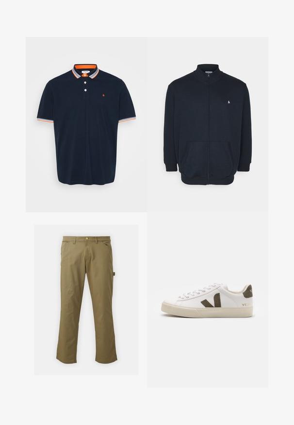 Sudadera de cremallera en azul marino con un alto cuello, bolsillos frontales, puños acanalados y un pequeño logo en el pecho. Textura de tela suave.; Polo de color navy en algodón con cuello que presenta rayas naranjas y grises, tapeta de tres botones y pequeño logo bordado en el pecho.; Pantalones caqui de tejido suave, con cierre de botón, trabillas para cinturón, dos bolsillos delanteros y un bolsillo lateral, con diseño de pierna recta.; Zapatillas de cuero blanco con una suela de goma beige claro. Presenta un logo en forma de V de gamuza marrón y una pestaña en el talón. Cierre con cordones y superficie texturizada.
