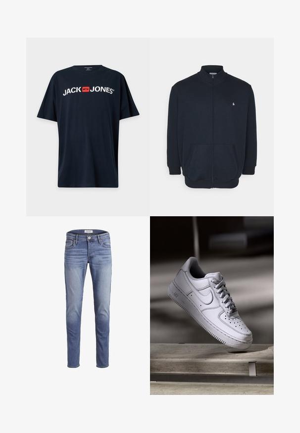 Marineblauwe zip-up sweatshirt met een hoge kraag, voorzakken, ribgebreide manchetten en een klein logo op de borst. Zachte stof textuur.; Zwart T-shirt met korte mouwen met witte "JACK JONES" tekst en een rood vierkant logo gecentreerd op de borst.; Slim-fit blauwe jeans van denim, met een vervaagde wastoevoeging, vijf zakken en een rits met knoopsluiting.; Witte Nike Air Force 1 sneaker van leer met geperforeerde neus, platte veters en een gestructureerde rubberen zool met "AIR"-logo aan de zijkant.