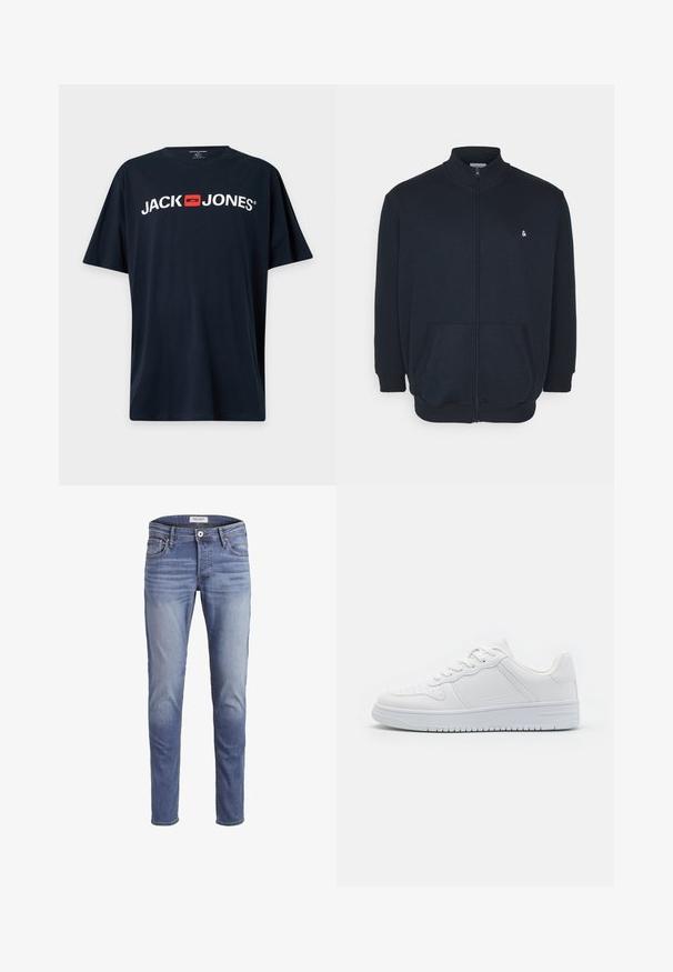Mørkeblå zip-up sweatshirt med høj krave, frontlommer, ribbede manchetter og et lille logo på brystet. Blød stofstruktur.; Sort T-shirt med korte ærmer med hvid "JACK JONES" tekst og et rødt firkantet logo centreret på brystet.; Smalpassende blå jeans lavet af denim, med en falmet vask, fem lommer og en lynlås i front med knaplukning.; Hvide sneakers lavet af glat syntetisk materiale, med flade snørebånd, perforeret tå og en gummisål med et tekstureret grebmønster.