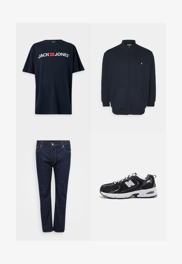 Mørkeblå zip-up sweatshirt med høj krave, frontlommer, ribbede manchetter og et lille logo på brystet. Blød stofstruktur.; Sort T-shirt med korte ærmer med hvid "JACK JONES" tekst og et rødt firkantet logo centreret på brystet.; Mørkeblå denim jeans med lige ben, der har synlige stikninger i kontrasterende gul, fem lommer og en frontlukning med knap.; Sorte og grå sportssko med mesh og ruskind på overdelen, der har en hvid mellemsål, snørebånd og et iøjnefaldende "N" logo på siden.