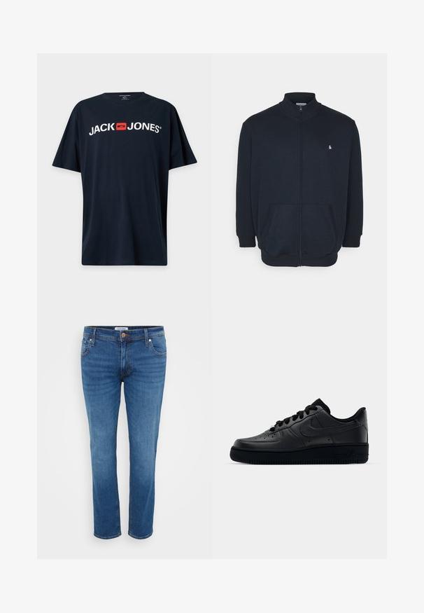 Mørkeblå zip-up sweatshirt med høj krave, frontlommer, ribbede manchetter og et lille logo på brystet. Blød stofstruktur.; Sort T-shirt med korte ærmer med hvid "JACK JONES" tekst og et rødt firkantet logo centreret på brystet.; Denim jeans i en mellemblå farve, med et lige ben-design, fem lommer og en knaplukning ved taljen.; Sort Nike Air Force 1 sneaker med en glat læderoverdel, perforeret tå for åndbarhed, sorte snørebånd og en textured gummisål.