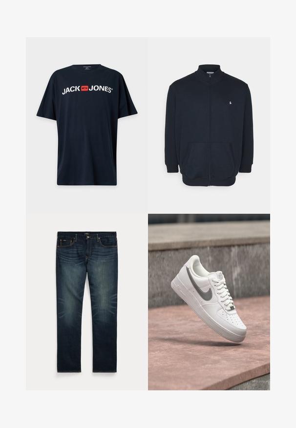 Sweatshirt zippé bleu marine avec un col haut, des poches frontales, des poignets côtelés et un petit logo sur la poitrine. Tissu doux.; T-shirt noir à manches courtes avec texte blanc "JACK JONES" et logo carré rouge centré sur la poitrine.; Jean en denim bleu foncé avec un subtil délavage sur l'avant des cuisses et des coutures orange, doté d'une fermeture par bouton et zip, et cinq poches.; Baskets blanches Nike Air Force 1 avec logo swoosh gris flottant au-dessus d'une surface en pierre et un mur en pierre gris en arrière-plan.