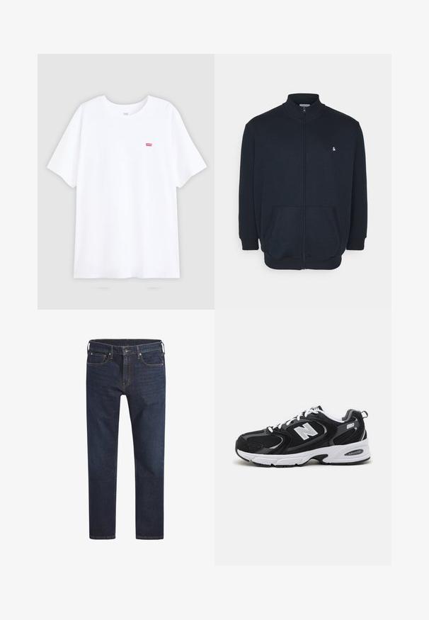 Sweatshirt zippé bleu marine avec un col haut, des poches frontales, des poignets côtelés et un petit logo sur la poitrine. Tissu doux.; T-shirt en coton blanc à manches courtes et encolure ras du cou. Présente un petit logo rouge Levi's sur la poitrine gauche. Design plat, sans motifs.; Jeans en denim bleu foncé avec une coupe droite, un design à cinq poches et un bouton métallique de fermeture. Présente des coutures contrastantes sur l'ensemble.; Baskets de sport noires et grises avec un tige en mesh et en suède, présentant une semelle intermédiaire blanche, des lacets et un logo "N" audacieux sur le côté.
