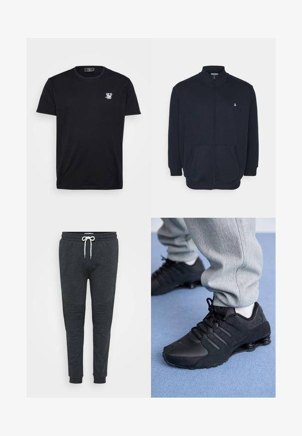 Marineblaue Zip-Hoodie mit hohem Kragen, Fronttaschen, gerippten Bündchen und kleinem Logo auf der Brust. Weicher Stoff.; Schwarzes Baumwoll-T-Shirt mit kurzen Ärmeln, Rundhalsausschnitt und kleinem weißen gestickten Logo auf der linken Brust. Einfaches und klassisches Design.; Dunkelgraue Jogginghose mit weißem Kordelzug, gerippten Knie-Details, elastischem Bund und Bündchen an den Knöcheln vor einem schlichten Hintergrund.; Person in schwarzen Nike Shox Sneakers und grauen Jogginghosen, der auf einem hellblauen Teppich steht.