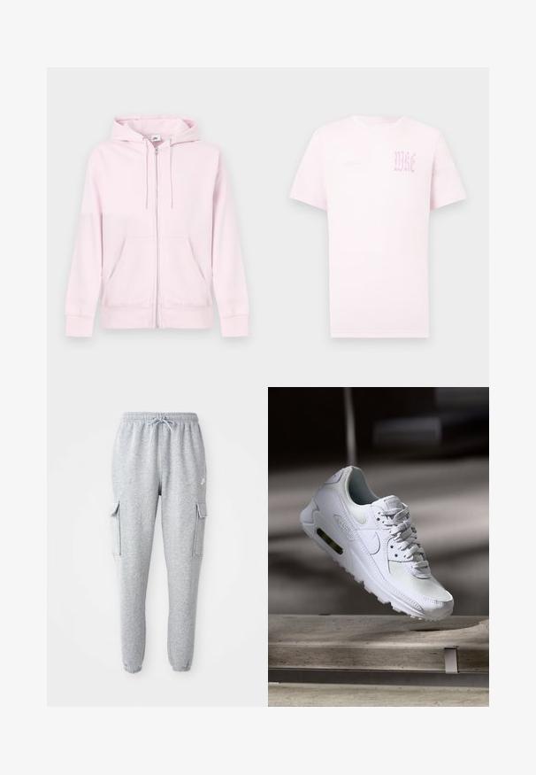 Rosa Kapuzenpullover mit Reißverschluss aus weichem Stoff, mit Kängurutasche, Kapuze mit Kordelzug und kleinem weißen Logo auf der linken Brust.; Hellrosa kurzärmliges T-Shirt mit rundem Ausschnitt und verblasstem gotischem "WKE"-Schriftzug auf der oberen linken Brustseite.; Graue Sweatpants aus weichem Material, mit elastischem Bund und Kordelzug, zwei seitlichen Cargo-Taschen und schmal zulaufenden Bündchen.; Weiße Nike Air Max 90 Sneaker mit einem Obermaterial aus Mesh und Leder, durchlässigem Zehenbereich und einer sichtbaren Air-Einheit in der Ferse.