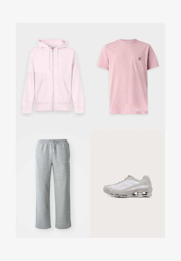 Roze hoodie met ritssluiting gemaakt van zachte stof, voorzien van een kangoeroezak, capuchon met trekkoord en een klein wit logo op de linkerborst.; Effen roze korte-mouwen t-shirt met een borstzakje met een klein rechthoekig Carhartt-logo.; Grijze katoenen sweatpants met een elastische tailleband, trekkoordsluiting en rechte pijpen. Bevat een klein logo op de bovenste linkerkant.; Grijze en witte sportschoen met zichtbare luchtkussenzool en meshpanelen, in profiel weergegeven op een eenvoudige lichte achtergrond.