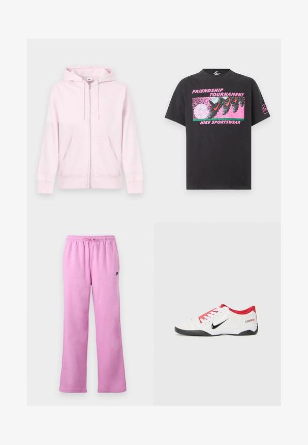 Rosa Kapuzenpullover mit Reißverschluss aus weichem Stoff, mit Kängurutasche, Kapuze mit Kordelzug und kleinem weißen Logo auf der linken Brust.; Schwarzes Nike-T-Shirt mit pinkfarbenem Motiv von Fußballschuhen, die einen Fußball treten, und den Texten "Friendship Tournament" und "Nike Sportswear" auf der Vorderseite.; Rosa Nike-Sweatpants mit elastischem Bund und Kordelzug, gerader Beinverlauf und kleinem schwarzen Nike-Logo auf dem linken Oberschenkel.; Weißer Sportschuh mit roten Akzenten, schwarzem Swoosh-Logo und strukturiertem Design. Mit weißen Schnürsenkeln und schwarzem Außensohle. Text lautet "total90."
