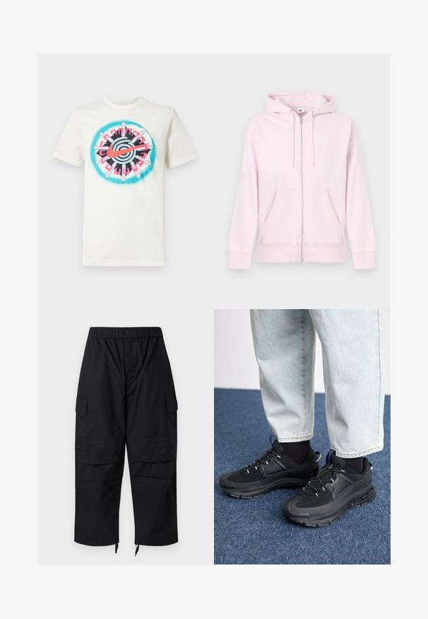 Sudadera con capucha rosa de tela suave, con bolsillo canguro, capucha con cordón y pequeño logotipo blanco en el pecho izquierdo.; Camiseta de algodón blanca que presenta un gráfico colorido en el centro en tonos rosa, negro y verde azulado con un diseño circular y el logotipo de Nike. Mangas cortas.; Pantalones cargo negros con cintura elástica, múltiples bolsillos y cremalleras en los tobillos, con un diseño relajado y holgado.; Zapatillas deportivas negras con tejido texturizado y suelas de goma, con cordones elásticos y un acento azul en el talón. Combinadas con pantalones de mezclilla claros.