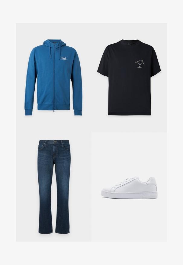 Blauer Kapuzenpullover mit Reißverschluss, Kordelzug an der Kapuze und kleinem weißen EA7 Emporio Armani-Logo auf der linken Brust vor weißem Hintergrund.; Schwarzes T-Shirt mit kurzen Ärmeln und kleinem weißen Emporio Armani Logo und Schriftzug auf der oberen linken Brustseite.; Dunkelblaue Jeans aus Denim mit geradem Bein, fünf Taschen und einem Metallknopfverschluss. Glatte Textur mit dezenten Gebrauchsspuren.; Weiße Ledersneaker mit glatter Textur, runder Zehenform, Schnürung vorne und flacher Gummisohle. Mit eingeprägtem Branding an der Ferse.