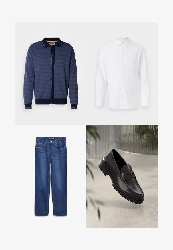 Marineblaue Strickjacke mit strukturiertem Muster, Kragen, durchgehender Knopfleiste und kontrastierenden Akzenten entlang der Blende und Manschetten.; Weißes langärmliges Hemd mit Knöpfen, spitzem Kragen, Frontknöpfen und einem dezenten gestickten Logo auf der linken Brust.; Denim-Jeans in Dunkelblau, gerades Bein Design mit mittelhohem Bund, fünf Taschen und subtiler Ausbleichung an der Vorderseite.; Braune Leder-Loafers mit einer strukturierten, geriffelten Gummisohle. Sie zeichnen sich durch ein schlankes Design und einen dekorativen Riemen über dem Spann aus.