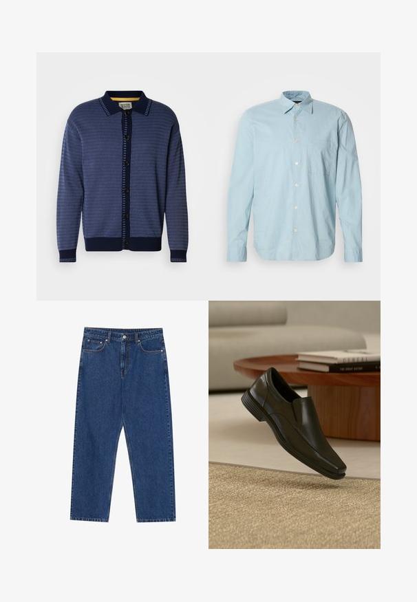 Cardigan en maille bleu marine avec un motif texturé, col, boutonnage à l'avant et accents contrastants le long de la patte de boutonnage et des poignets.; Chemise à manches longues à carreaux bleu clair avec un col boutonné, une poche poitrine et des boutons blancs. Fabriquée dans un tissu lisse.; Jeans en denim bleu foncé, avec une coupe droite, des poches avant et une braguette à bouton avec des coutures contrastées.; Chaussure habillée noire en cuir sans lacets flottant au-dessus d'un tapis beige tissé, avec une table basse ronde en bois et des livres empilés en arrière-plan.