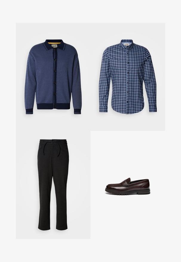Marineblå strikket cardigan med tekstureret mønster, krave, knaplukning foran og kontrasterende detaljer langs knapstolpe og manchetter.; Scotch & Soda SLIM FIT SHIRT - Skjorter - faded denim; Sorte strikbukser med snoreliv, lige ben og sidelommer. Blød tekstur med en glat overflade.; Brune læder loafers med en ruskindsdetalje, rund tå og tekstureret gummisål. Har syet detaljering og en let hæl.