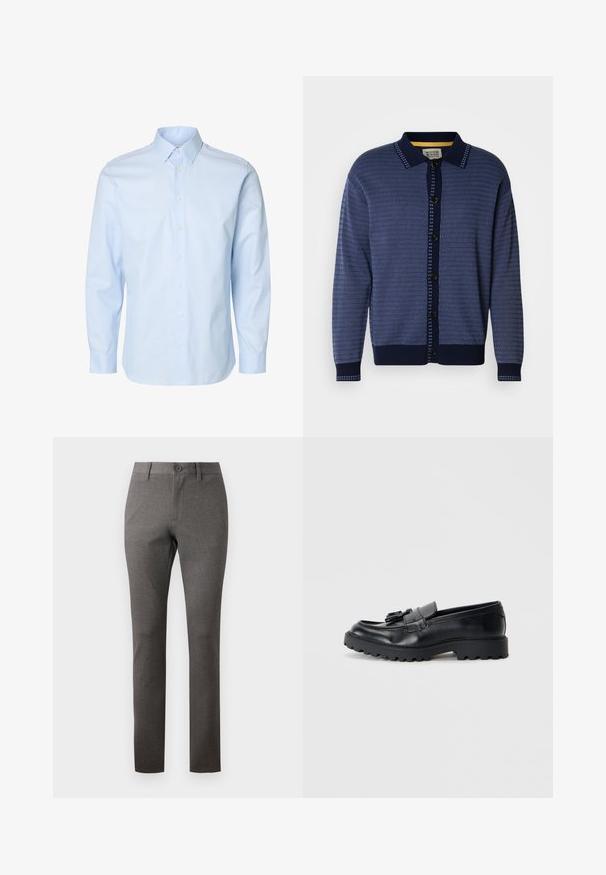 Marineblaue Strickjacke mit strukturiertem Muster, Kragen, durchgehender Knopfleiste und kontrastierenden Akzenten entlang der Blende und Manschetten.; Hellblaues Herrenhemd mit langen Ärmeln, durchgehender Knopfleiste und Standardkragen auf weißem Hintergrund.; Graue Hose aus strukturiertem Stoff, mit geradem Schnitt, frontalen Taschen und einem einzigen Knopfverschluss an der Taille.; Schwarze Lederloafers mit glanzendem Finish, klobiger Gummisohle und dekorativem Quastendetail auf der Vorderseite.
